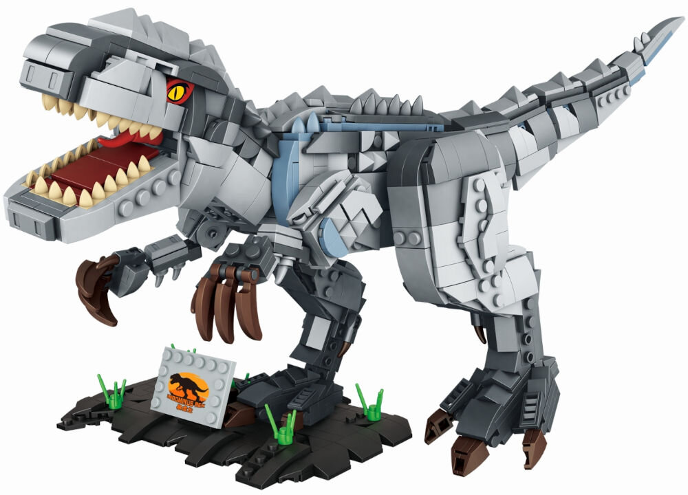 Klocki plastikowe QBI Tyranozaur FC6252 złożona figurka z tabliczką informacyjną na czarnym tle