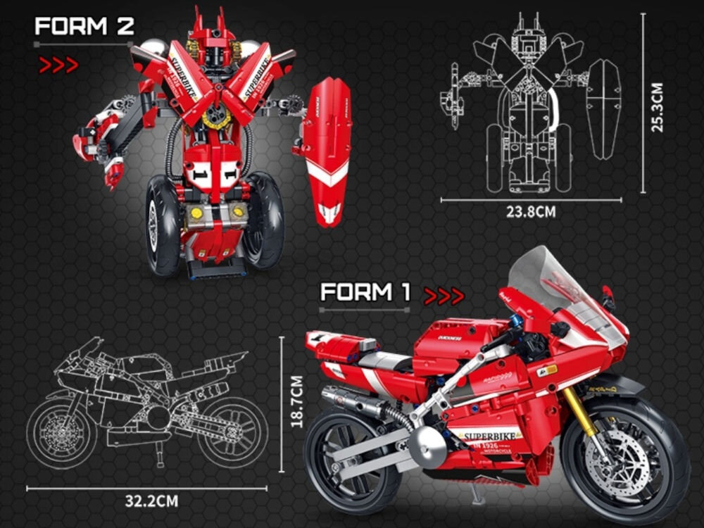 Klocki plastikowe QBI Czerwony motocykl FC9306 motor MotoGP i robot bojowy model 2w1 wymiary modeli motor 32,2 cm na 18,7 cm robot 23,8 cm na 25,3 cm