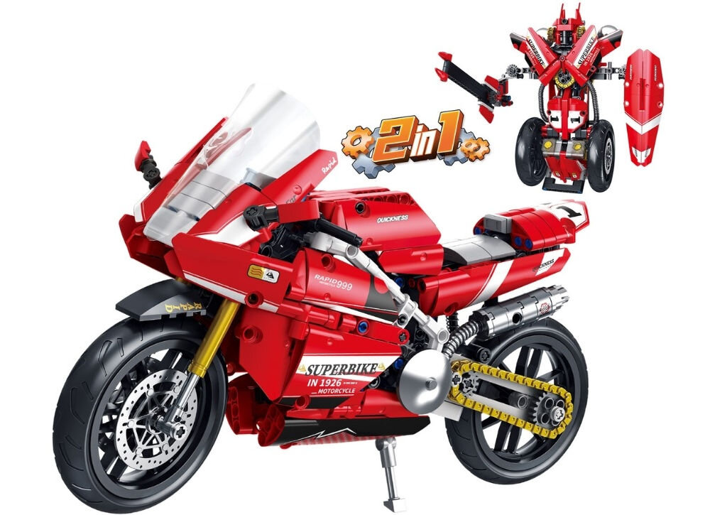 Klocki plastikowe QBI Czerwony motocykl FC9306 motor i robot 2 modele design zabwa i rozwój