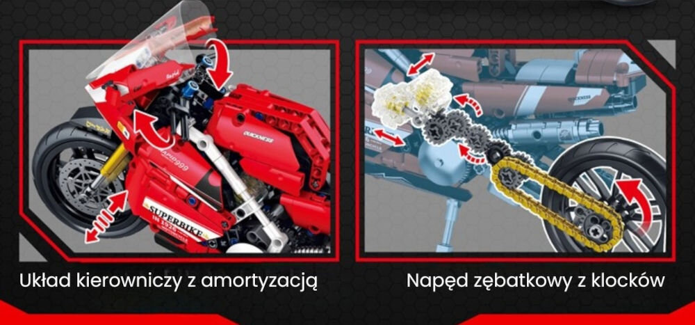 Klocki plastikowe QBI Czerwony motocykl FC9306 układ kierowniczy z amortyzacją napęd zębatkowy z klocków