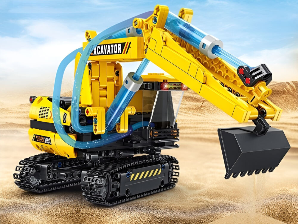 Klocki plastikowe QBI Koparka FC9220 złożony piesek w tle pudełko i napis pies corgi