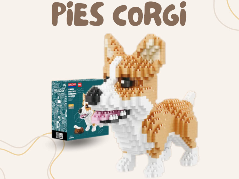 Klocki plastikowe QBI Pies Corgi SA241034 złożony piesek w tle pudełko i napis pies corgi