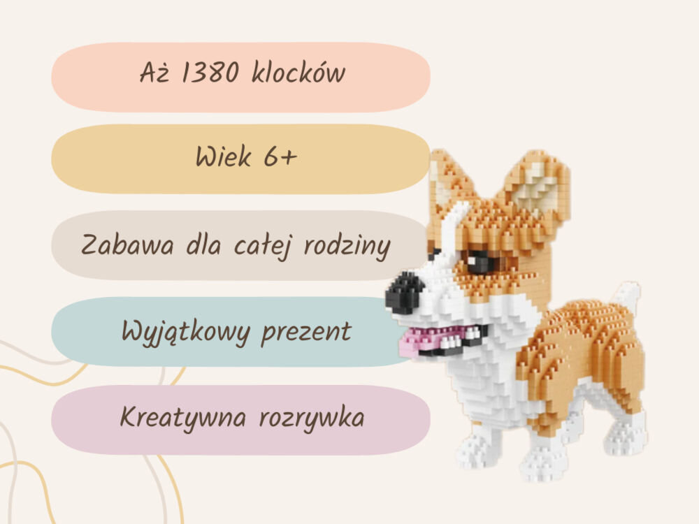 Klocki plastikowe QBI Pies Corgi SA241034 aż 1380 klocków wiek 6+ zabawa dla całej rodziny wyjątkowy prezent kreatywna rozrywka