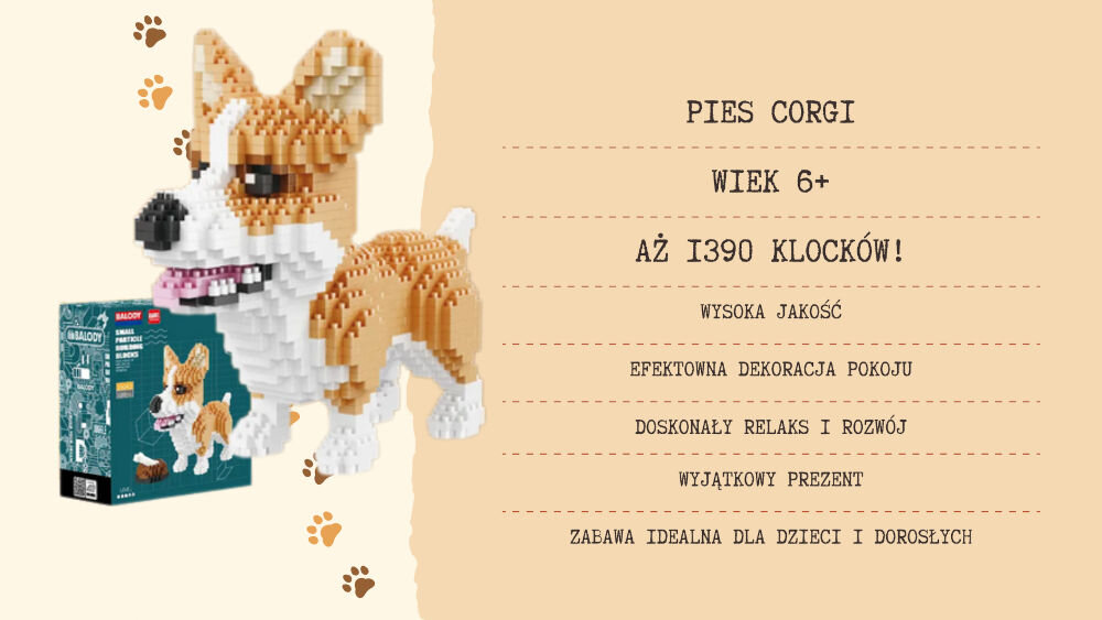 Klocki plastikowe QBI Pies Corgi SA241034 wspólna aktywność czas offline reklas rózwój pomysł na prezent zabawa dla dzieci i dorosłych