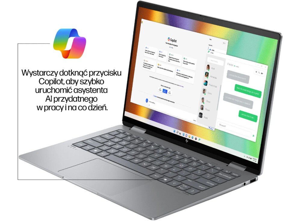 Laptop HP Envy x360 14 Laptop w klasycznej pozycji otwarty pod kątem, widoczna jest klawiatura oraz ekran pokazujący interfejs asystenta AI Copilot, funkcje AI, asystent Copilot
