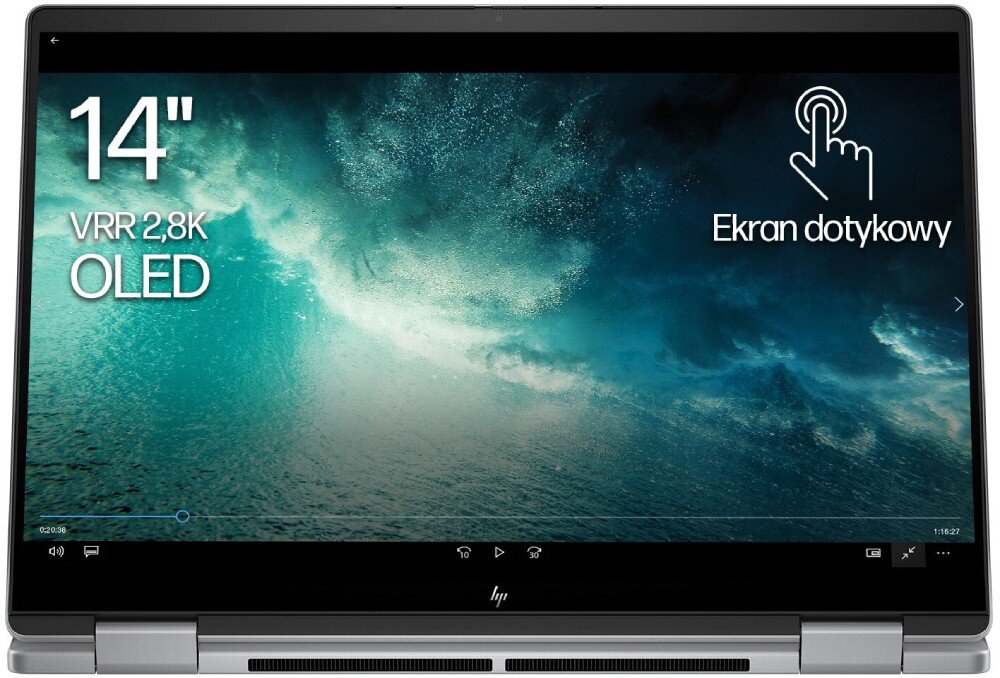 Laptop HP Envy x360 14 Laptop w trybie tabletu ustawiony poziomo z ekranem dotykowym OLED, wyświetlającym dynamiczną grafikę fal oceanu, ekran, matryca, przekątna, rozdzielczość