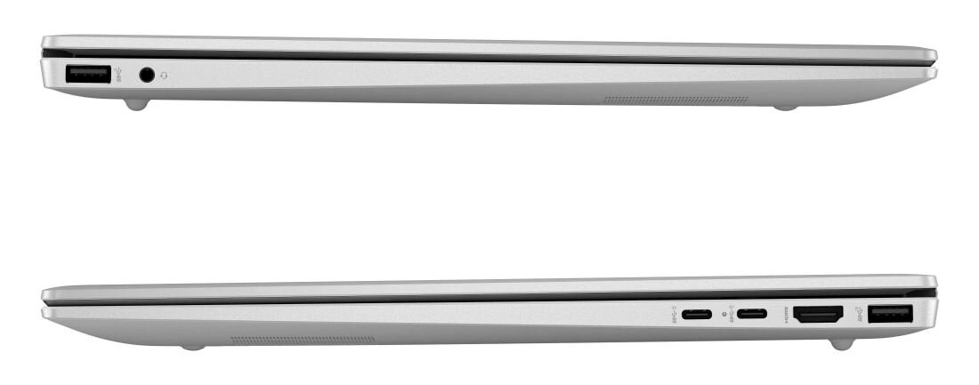 Porty i złącza w laptopie HP Pavilion 16 – widok z lewej i prawej strony na porty USB-C, HDMI, USB-A, gniazdo audio i przycisk zasilania, szczegółowa prezentacja możliwości połączeń w srebrnej obudowie. - Szerokie możliwości połączeń
