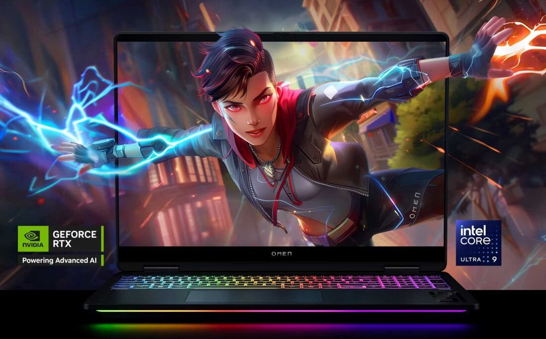 Laptop gamingowy HP Omen Max 16 z wizerunkiem kobiety na ekranie. - Moc NVIDIA RTX Intel Core Ultra