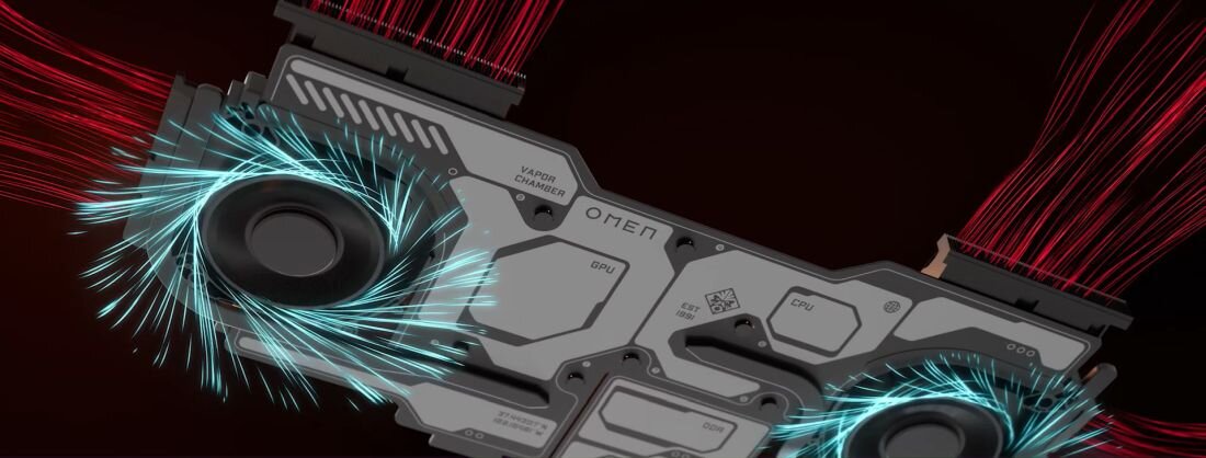 Laptop z czerwonym i niebieskim podświatleniem, sugerującym efektywne chłodzenie. - OMEN Tempest Cooling PRO