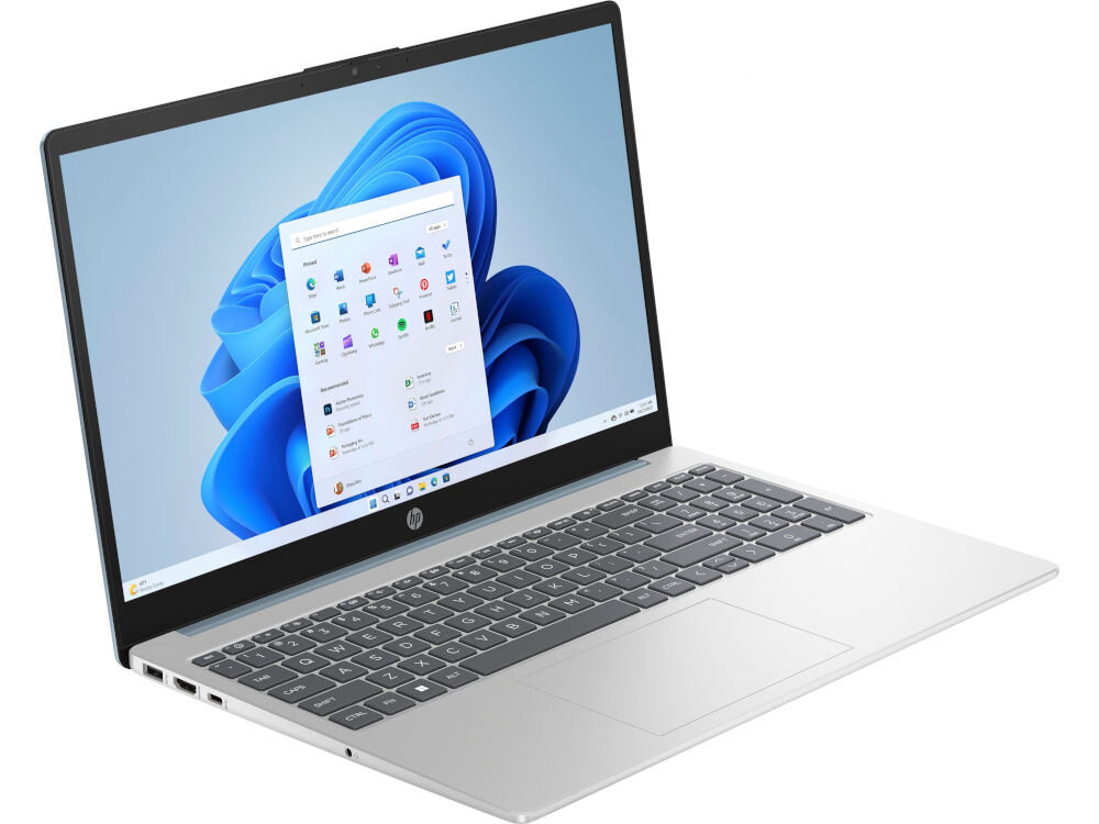 Srebrny laptop HP 15-FD0233NW z otwartym ekranem wyświetlającym pulpit Windows 11 – grafika Intel UHD Graphics 64EU Intel Core i3-1215U Alder Lake