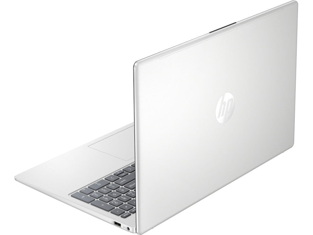 Srebrny laptop HP 15-FD0233NW z widoczną klawiaturą i touchpadem – bateria 41 Wh czas pracy 6,5 h ładowarka 45 W certyfikat EPEAT Gold ENERGY STAR