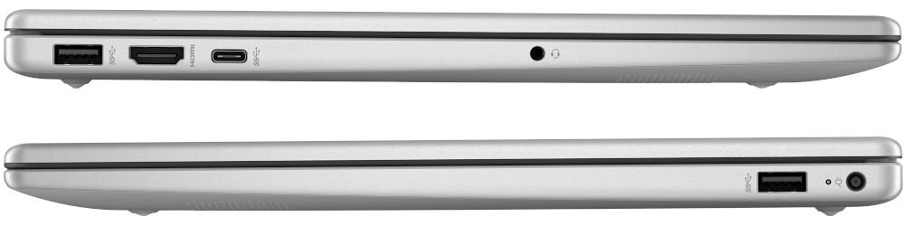 Dwa profile laptopa HP 15-FD0233NW ukazują rozmieszczenie portów – USB-C 3.2 Gen 1 USB-A 3.2 Gen 1 HDMI 1.4b gniazdo audio 3,5 mm