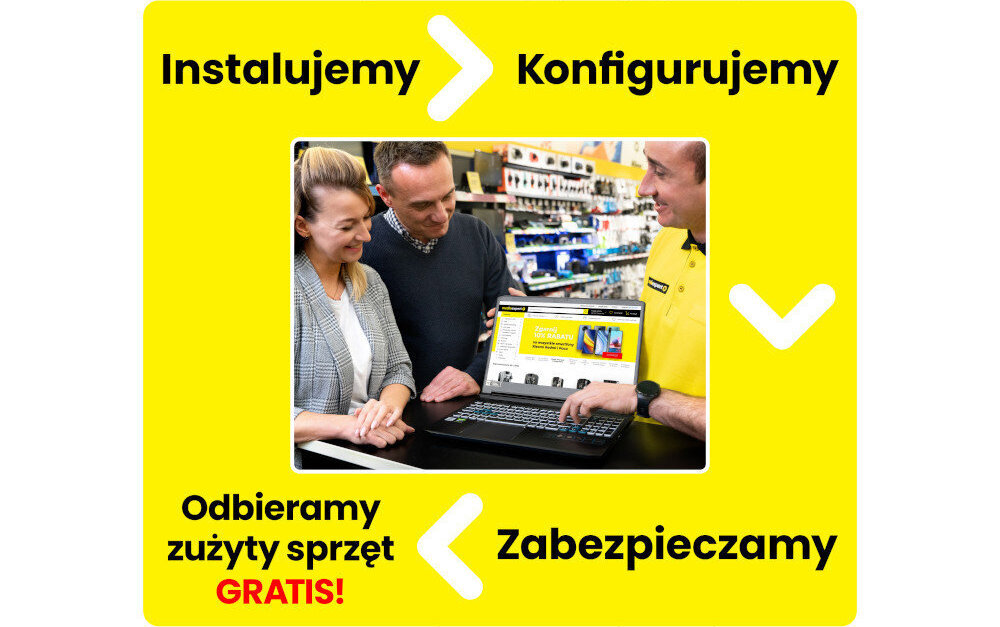 Na żółtym tle napis Instalujemy Konfigurujemy Zabezpieczamy – usługa konfiguracji MediaExpert dla laptopa HP 15-FD0233NW Intel Core i3-1215U 8 GB RAM 256 GB SSD