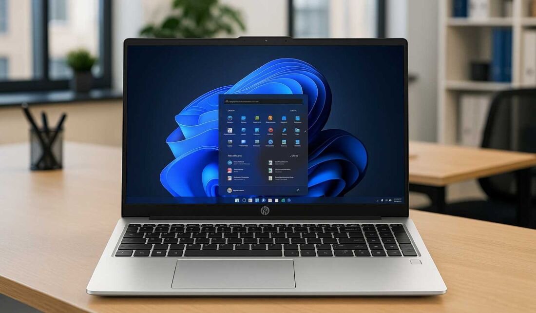 Laptop HP 250R G10 na biurku w jasnym pomieszczeniu, ekran z systemem Windows 11, srebrna obudowa, czarna klawiatura, widok z przodu.   
