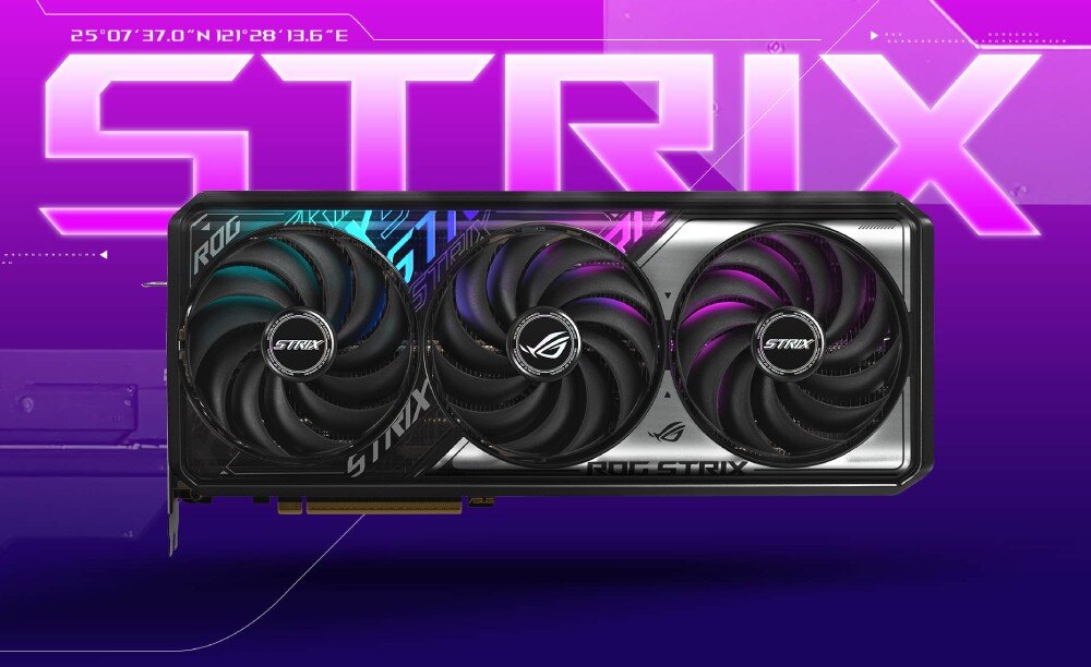 Karta graficzna ASUS GeForce RTX 5070 ROG Strix OC Edition 12GB Karta graficzna na fioletowym tle z dużym napisem 'STRIX' u góry