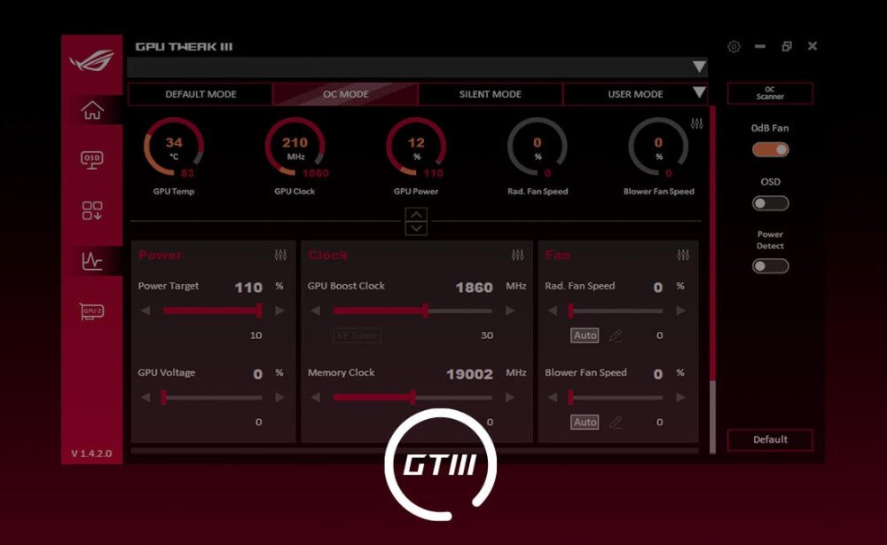 Karta graficzna ASUS GeForce RTX 5070 ROG Strix OC Edition 12GB Zrzut ekranu z oprogramowania GPU Tweak III prezentujący panel monitorowania i podkręcania karty