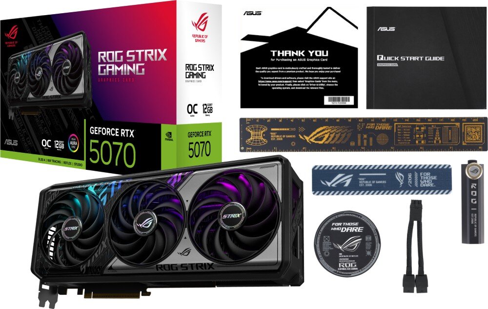 Karta graficzna ASUS GeForce RTX 5070 ROG Strix OC Edition 12GB Zawartość opakowania obejmująca kartę graficzną, pudełko, instrukcję, rzep do kabli i inne akcesoria