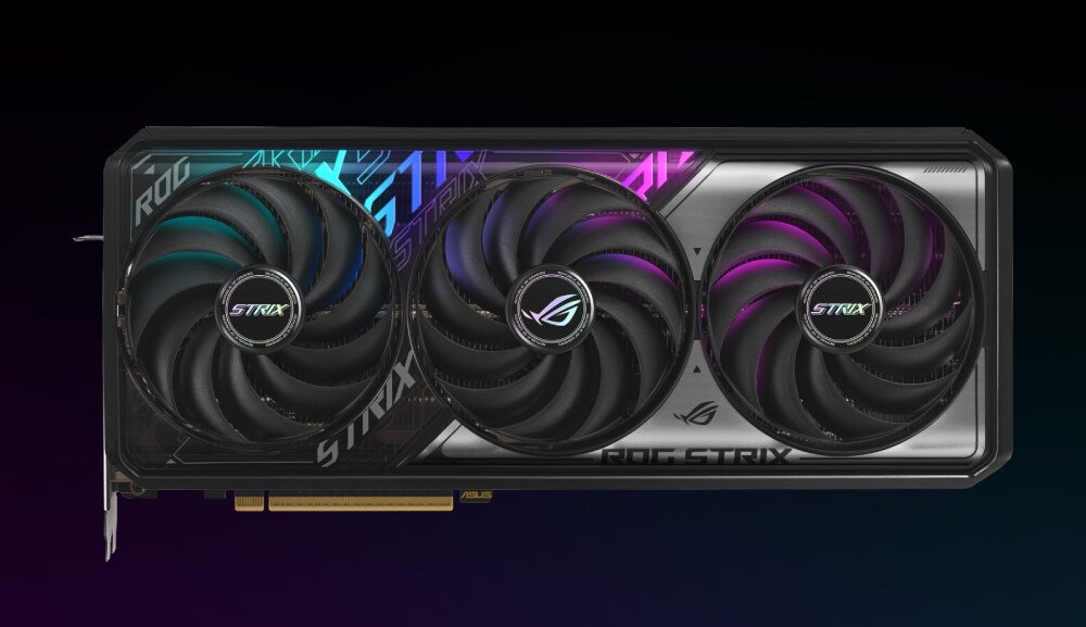 Karta graficzna ASUS GeForce RTX 5070 ROG Strix OC Edition 12GB Front karty graficznej z trzema wentylatorami i włączonym wielokolorowym podświetleniem