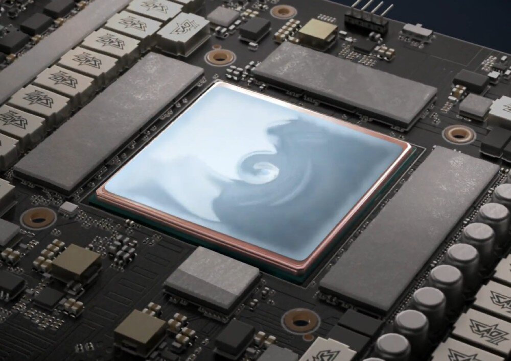 Karta graficzna ASUS GeForce RTX 5070 ROG Strix OC Edition 12GB Zbliżenie na procesor graficzny z nałożoną warstwą termoprzewodzącą