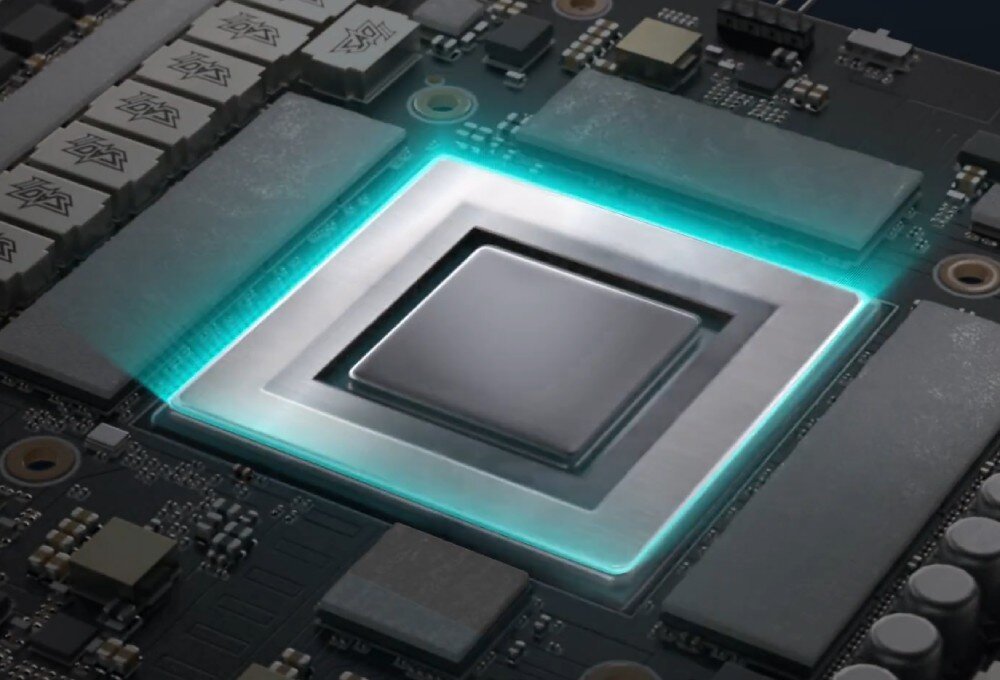 Karta graficzna ASUS GeForce RTX 5070 ROG Strix OC Edition 12GB Grafika przedstawiająca rdzeń graficzny z podświetlonym obrysem sugerującym technologię chłodzenia