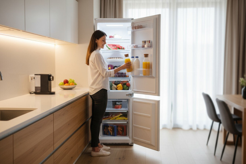 LODÓWKA ETA 139190001D lifestyle kuchnia kobieta ekspress na blacie owoce salon krzesła stół jadalnia lodówka front zabudowa otwarta wnętrze półki szuflady pełna produkty spożywcze
