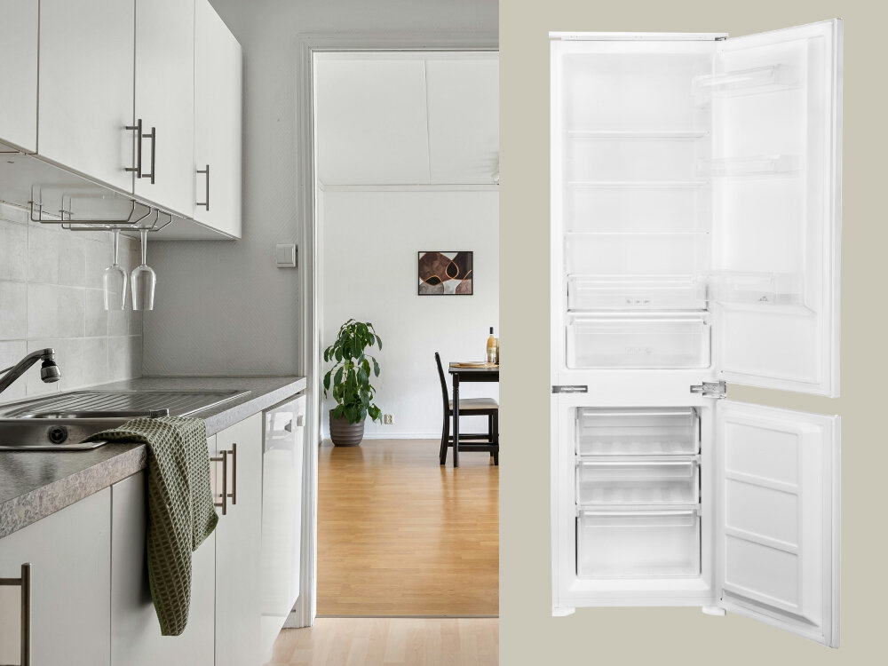 LODÓWKA ETA 139190001D lifestyle do zabudowy kuchnia lodówka front otwarta pusta wnętrze do kuchni klasyczne wymiary 178x54x54 cm do zabudowy kuchennej elegancka estetyczne wnętrze przezroczyste szuflady szklane półki komfort przechowywania żywności uporządkowane przechowywanie