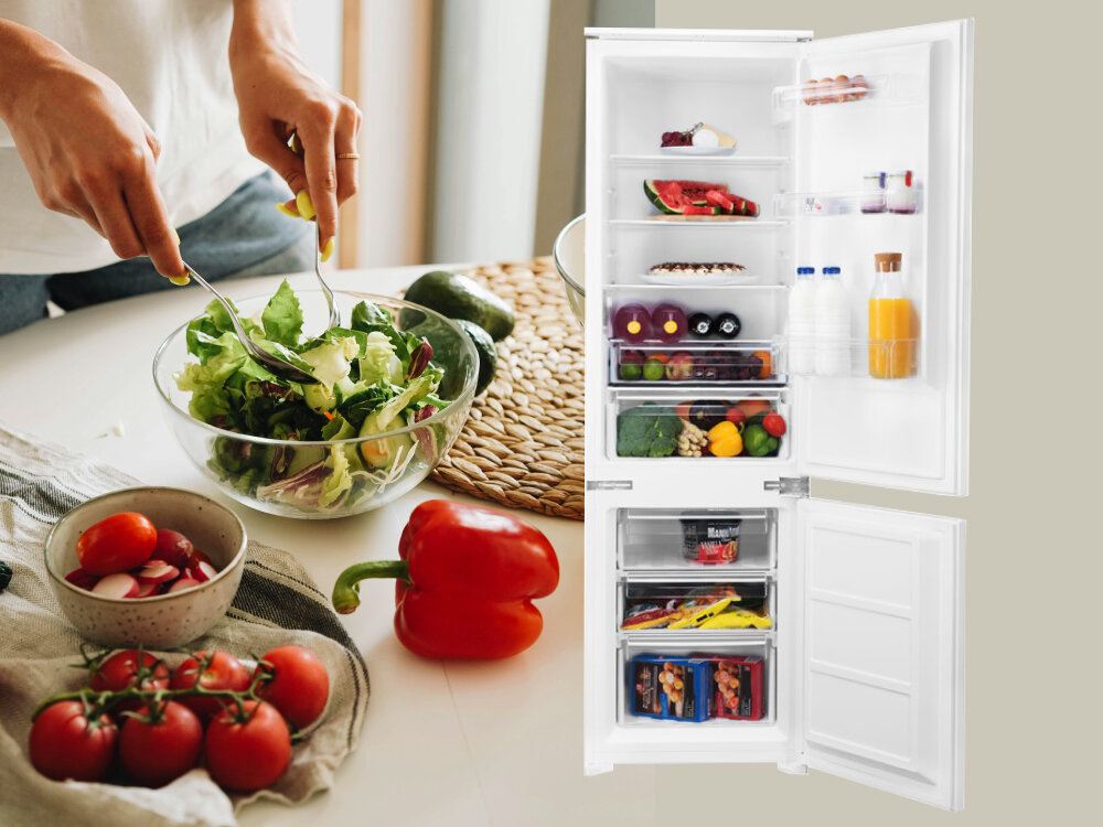 LODÓWKA ETA 139190001D lifestyle warzywa owoce sałatka lodówka front otwarta pełna produkty spożywcze strefa FRESH świeże mięso świeże ryby świeże warzywa dłuższa świeżość produktów wartości odżywcze funkcje SMART super mrożenie szybkie zamrażanie większych ilości żywności po zakupach