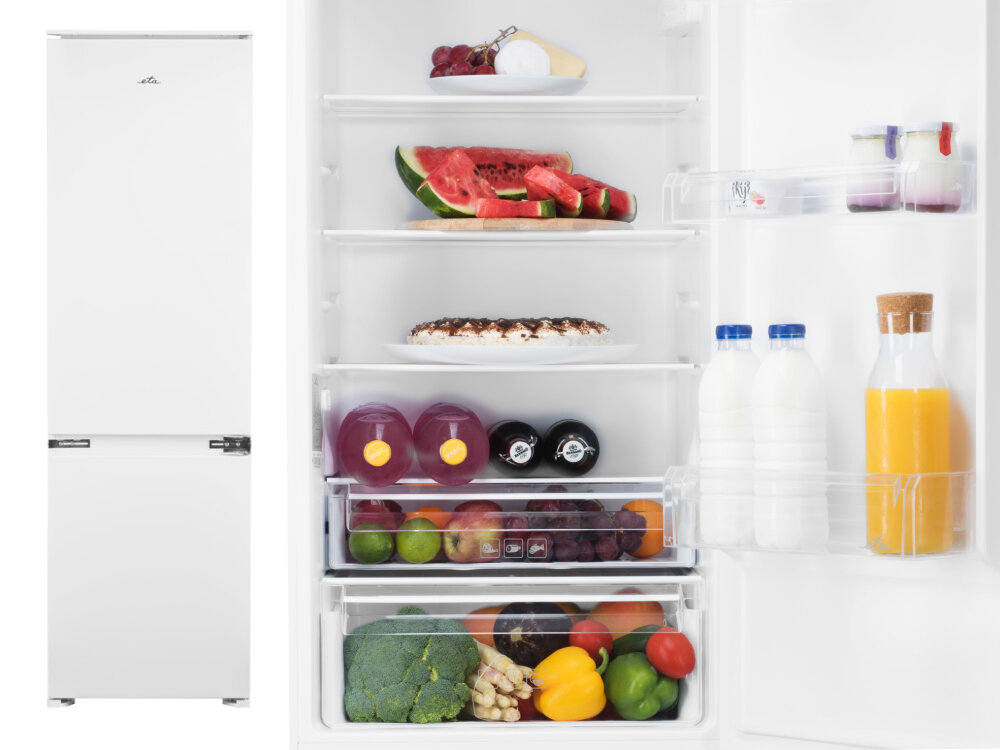 LODÓWKA ETA 139190001D lifestyle zamknięta front otwarta pełna owoce warzywa produkty półki szuflady pełne pojemność 249 litrów pojemność chłodziarki 179 l pojemność zamrażarki 70 l dla rodziny energooszczędna klasa energetyczna D roczne zużycie energii 173 kWh niskie rachunki za prąd wydajne chłodzenie wydajne mrożenie