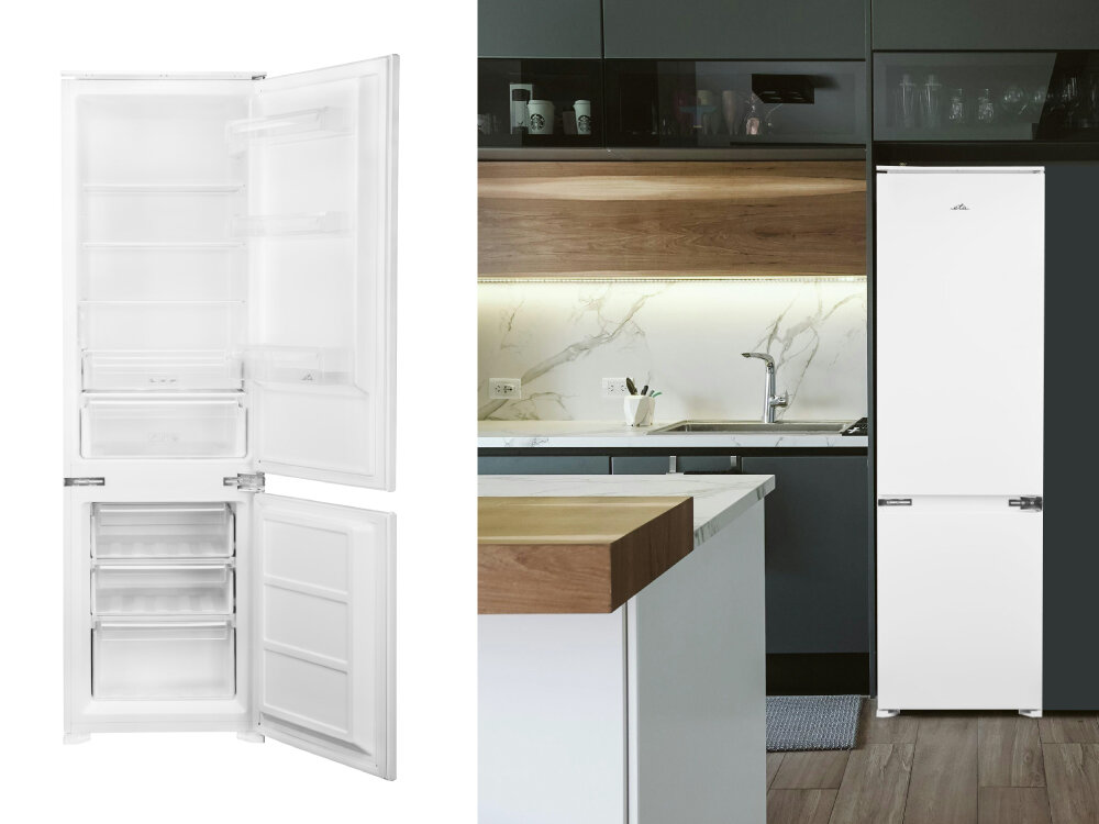 LODÓWKA ETA 139190001D lifestyle kuchnia lodówka front otwarta pusta zmiana kierunku otwierania drzwi regulowane nóżki cicha praca 39 dB szklane półki stabilne przechowywanie transparentne szuflady półki na drzwiach szybki dostęp do produktów praktyczna