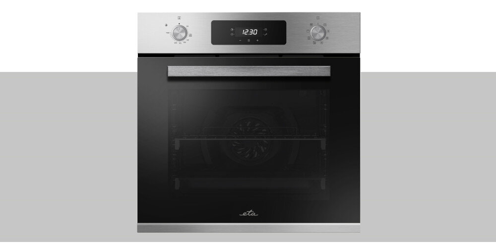 Piekarnik ETA Comfort 178790000 front zamknięty kolor czarno srebrny panel pokrętła prowadnice teleskopowe bezpieczne wysuwanie blach drzwi SoftClose ciche zamykanie chowane pokrętła komfort obsługi czystość gotowanie