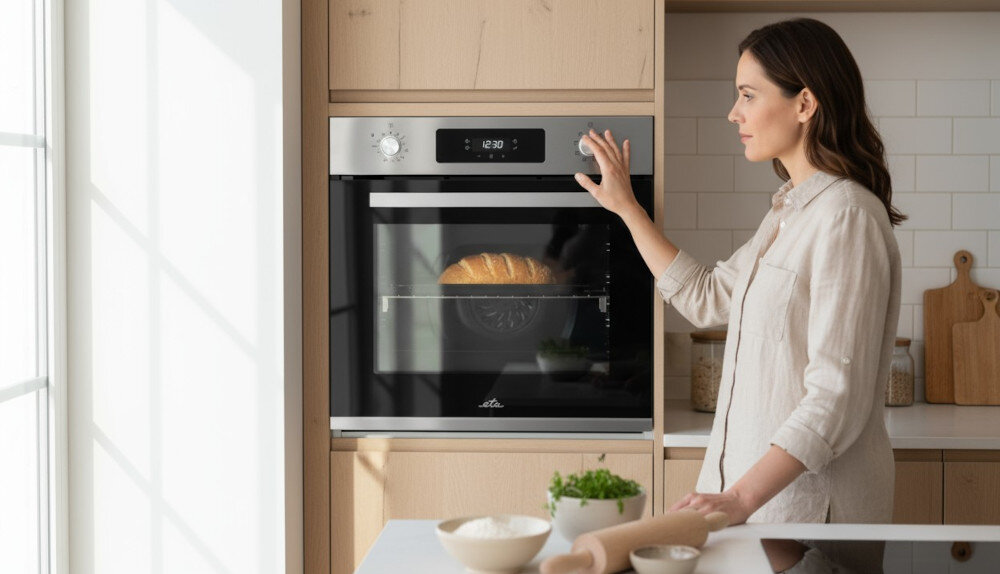 Piekarnik ETA Comfort 178790000 lifestyle kuchnia kobieta przy piekarniku zabudowa akcesoria kuchenne dekoracje drewno moc 2400 W szybkie nagrzewanie energooszczędne pieczenie stal nierdzewna nowoczesna kuchnia kompaktowe wymiary montaż ETA178790000 funkcjonalność bezpieczeństwo styl