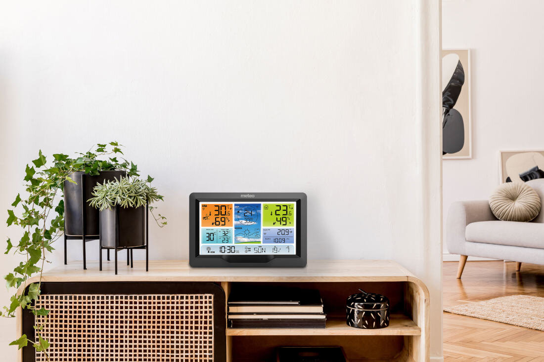 Stacja pogody METEO SP89B Profi Zegar budzik datownik funkcja DCF synchronizacja datownik z funkcją DCF zegar budzik barometr ciśnienie atmosferyczne miernik wiatru precyzja system pomiaru opadów kontrola warunki atmosferyczne