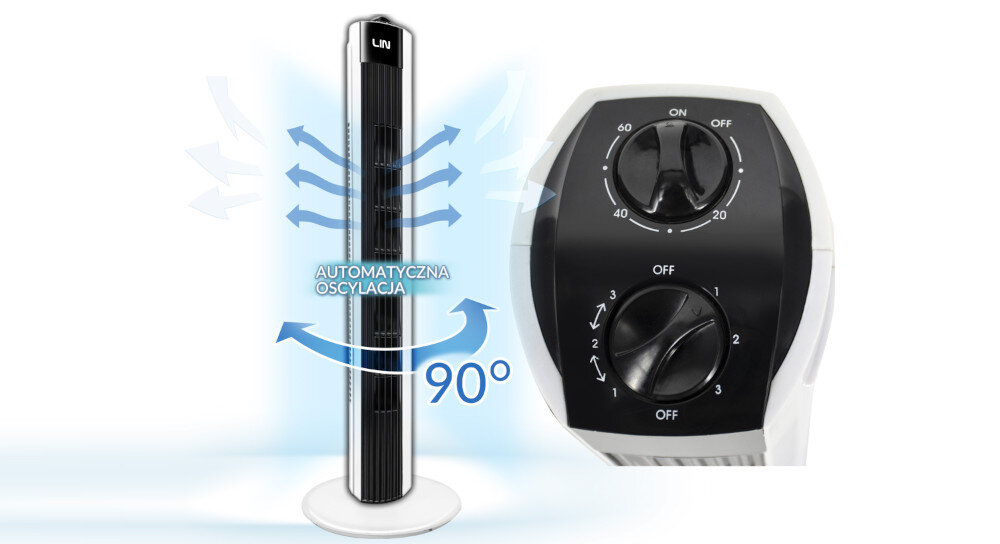 WENTYLATOR LIN LI32TF01WH - BIAŁY KOLUMNOWY oscylacja powietrza rozprowadzanie kontrola timer czas moc przełącznik nawiew dostosowanie obrót