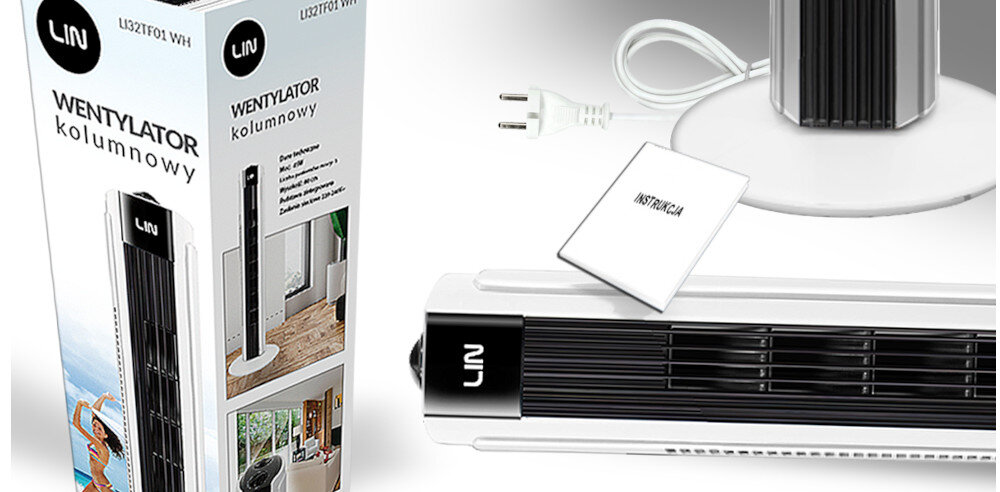WENTYLATOR LIN LI32TF01WH - BIAŁY KOLUMNOWY zestaw pudełko kabel karta gwarancyjna instrukcja obsługi
