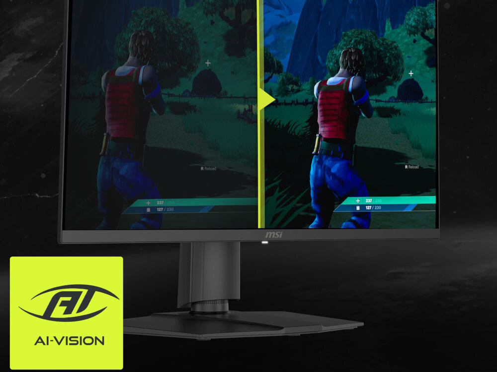 Monitor MSI Mag 273QP QD-OLED X24 26.5 cala 2560x1440px 240Hz 0.03ms [GTG] prezentacja monitora na ciemnym tle pokazanie działanie w grze MSI AI Vision inteligentna optymalizacja komfort wizualny profil synchronizacji HDMI CEC wsparcie dla szerokiej gamy urządzeń