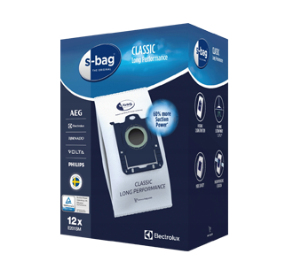 Opakowanie worków do odkurzacza z napisem \'s-bag CLASSIC Long Performance\'. Widoczne są logotypy marek AEG, Electrolux, Volta i Philips oraz informacja \'60% more Suction Power\'.