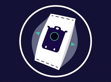 Ilustracja przedstawia biały worek do odkurzacza z ciemnym elementem centralnym i zielonym okręgiem, otoczony białym okręgiem na ciemnym tle.