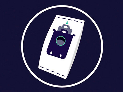 Ilustracja przedstawia worek do odkurzacza z centralnym otworem i ciemnym elementem mocującym. Worek jest umieszczony w białym okręgu na ciemnym tle.