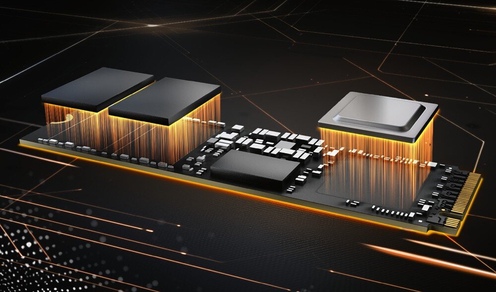 Dysk SANDISK WD Black SN8100 Trójwymiarowa wizualizacja wewnętrznej architektury dysku M.2 z widocznymi kośćmi pamięci, procesorem i pionowymi liniami światła pod nimi, konstrukcja, efektywność, pojemność