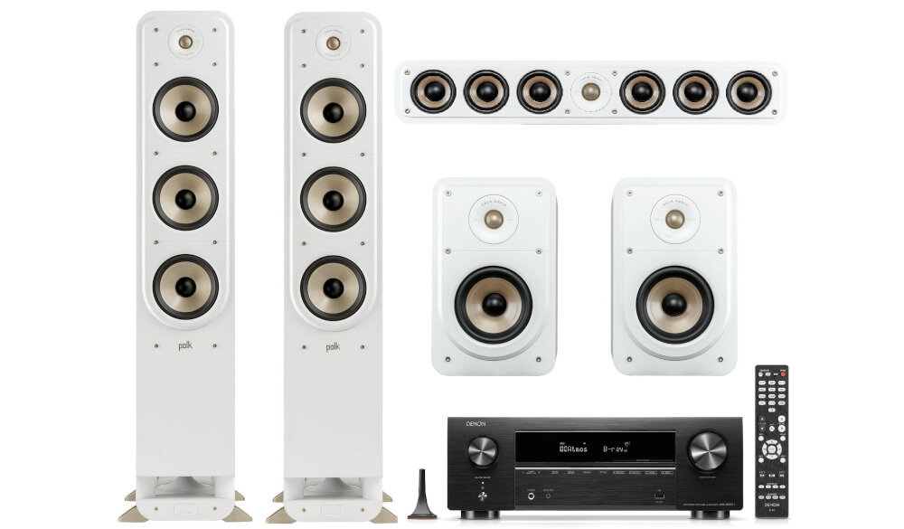 Kino domowe DENON AVR-X1800 + POLK AUDIO Signature elite ES60 + ES15 + ES35C -Kino domowe DENON AVR-X1800 + POLK AUDIO – amplituner i kolumny komponentowe, 7.2 kanałów, 1015 W mocy, zestaw kina domowego na białym tle