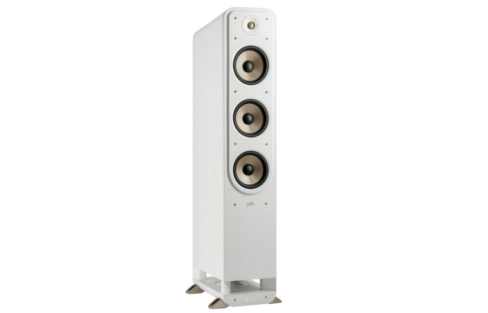 Kino domowe DENON AVR-X1800 + POLK AUDIO Signature elite ES60 + ES15 + ES35C -Audyssey MultEQ XT – dopasowanie dźwięku, dynamiczna regulacja, komfort słuchania, kolumna przednia po skosie na białym tle