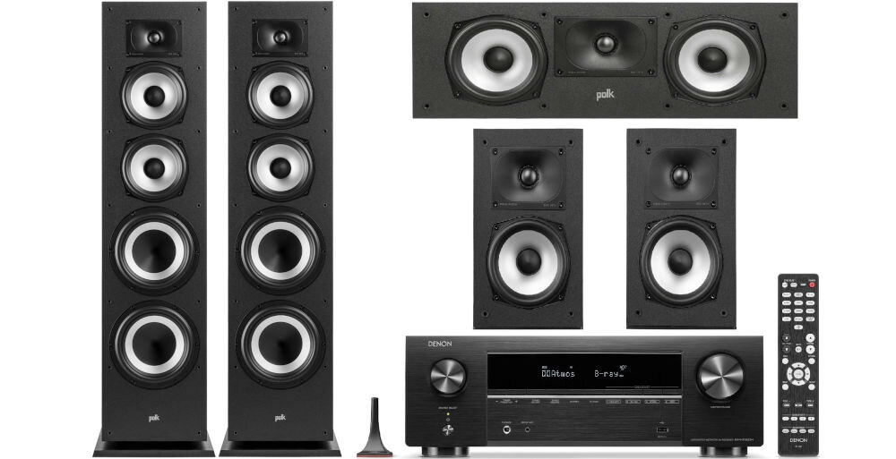 Kino domowe DENON AVR-X1800 + POLK AUDIO Monitor XT70 XT15 XT30C zestaw audio do salonu, kino domowe od frontu na białym tle