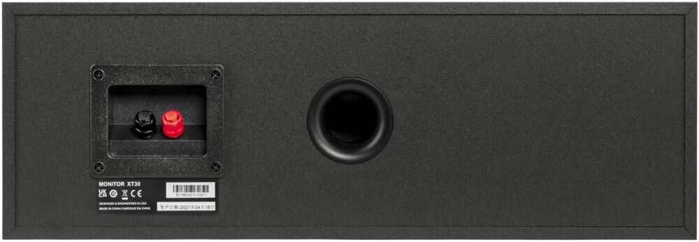POLK AUDIO Monitor XT30C głośnik centralny czułość 89dB SPL wyraźne dialogi, kolumna centralna od tyłu na białym tle