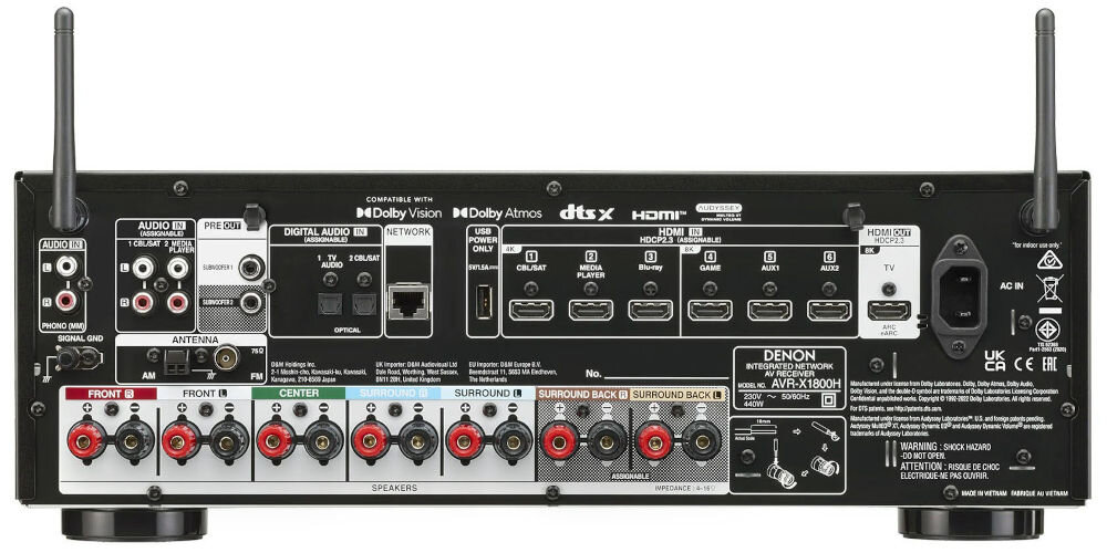 DENON AVR-X1800 HEOS Bluetooth AirPlay 2 Audyssey korekcja akustyki, amplituner od tyłu na białym tle