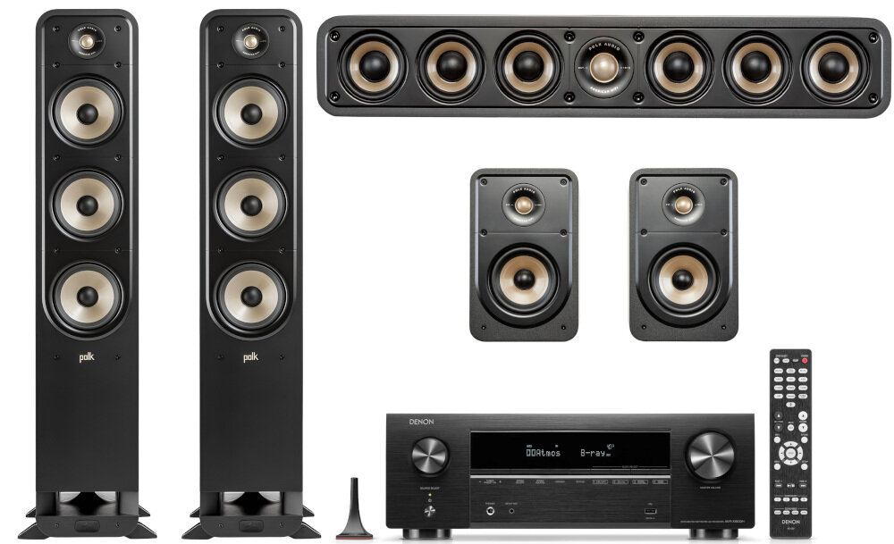 Kino domowe DENON AVR-X1800 + POLK AUDIO Signature elite ES60 + ES15 + ES35C -Kino domowe DENON AVR-X1800 + POLK AUDIO – amplituner i kolumny komponentowe, 7.2 kanałów, 1015 W mocy, zestaw kina domowego na białym tle