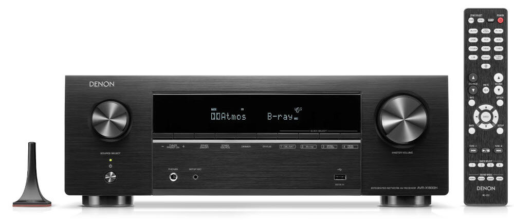 Kino domowe DENON AVR-X1800 + POLK AUDIO Signature elite ES60 + ES15 + ES35C -Kino domowe DENON AVR-X1800 + POLK AUDIO – 7.2 kanałów i 1015 W mocy, przestrzenne brzmienie, amplituner z pilotem na białym tle