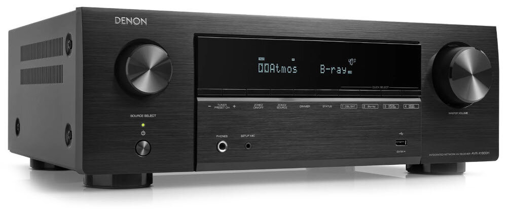Kino domowe DENON AVR-X1800 + POLK AUDIO Signature elite ES60 + ES15 + ES35C -DENON AVR-X1800 – waga 8.6 kg, stabilna obudowa, trwałość, amplituner po skosie na białym tle