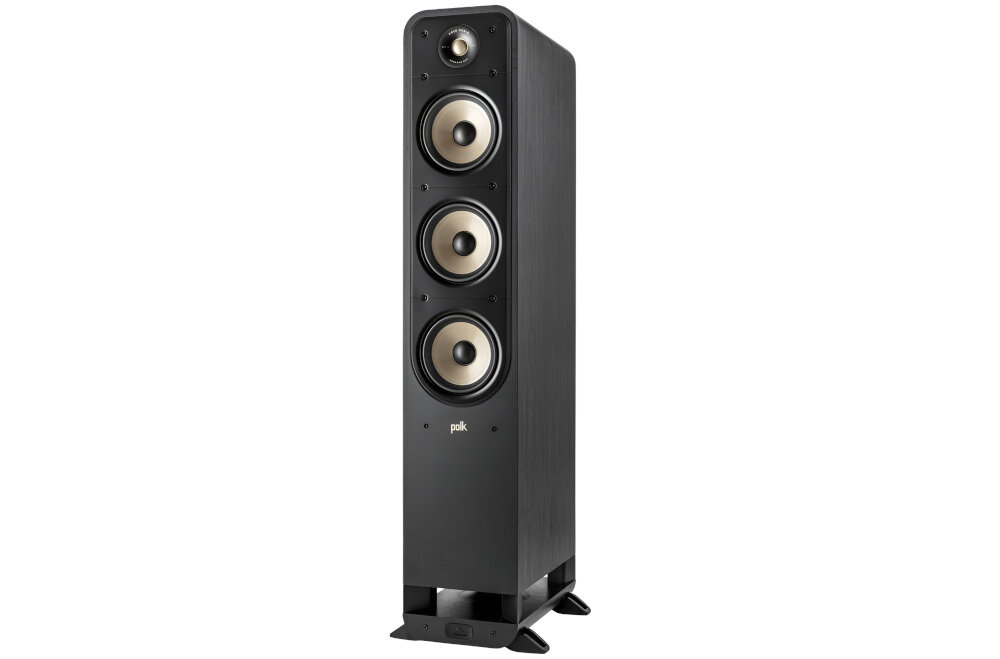 Kino domowe DENON AVR-X1800 + POLK AUDIO Signature elite ES60 + ES15 + ES35C -Kolumny POLK AUDIO ES60 – 3x6.5 cala, 90 dB, pasmo 32 Hz - 40 kHz, kolumna przednia po skosie na białym tle