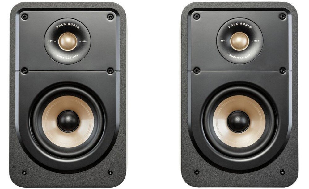 Kino domowe DENON AVR-X1800 + POLK AUDIO Signature elite ES60 + ES15 + ES35C -Kolumny tylne POLK AUDIO ES15 – pasmo 44 Hz - 40 kHz, 85 dB, dźwięk przestrzenny, kolumny tylne na białym tle