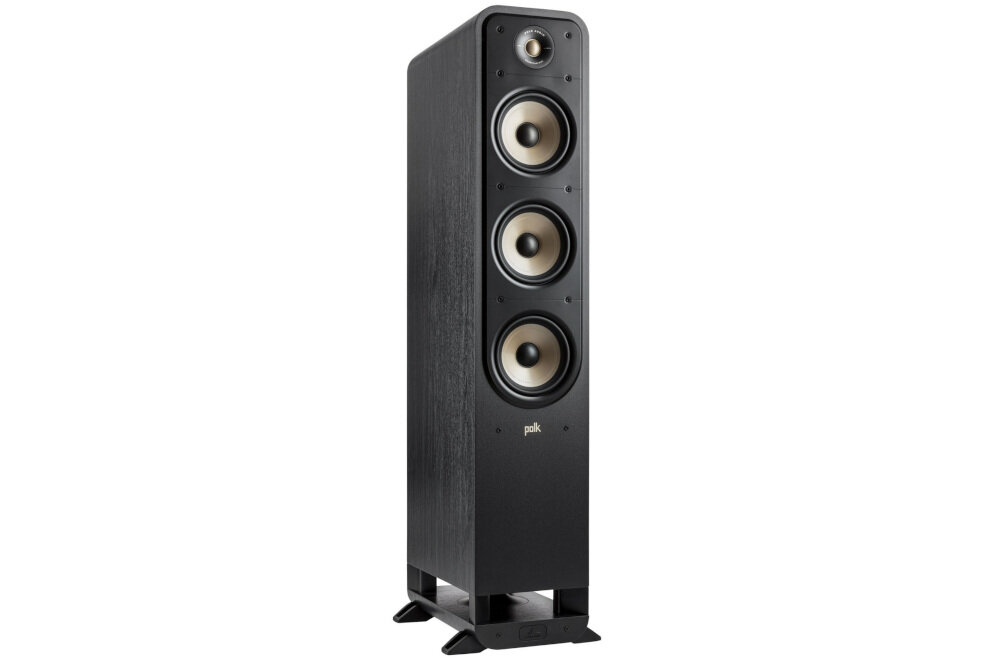 Kino domowe DENON AVR-X1800 + POLK AUDIO Signature elite ES60 + ES15 + ES35C -Audyssey MultEQ XT – dopasowanie dźwięku, dynamiczna regulacja, komfort słuchania, kolumna przednia po skosie na białym tle